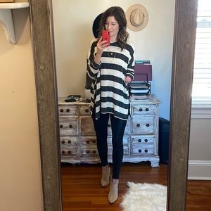 Carly Jean charcoal and cream stripe tunic top.